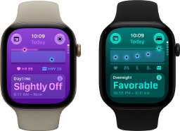 Two Apple Watch Series 12 devices: aluminum case, light gold color, Daytime Vitals Slightly Off, Digital Crown, sand Sport Band, aluminum case, black color, Overnight Vitals Favorable, Digital Crown, black Sport Band