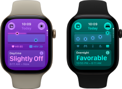 Two Apple Watch Series 12 devices: aluminum case, light gold color, Daytime Vitals Slightly Off, Digital Crown, sand Sport Band, aluminum case, black color, Overnight Vitals Favorable, Digital Crown, black Sport Band