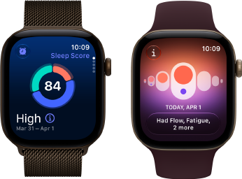 Apple Watch Series 12, aluminum case, dark bronze color, sleep score circle graph, Digital Crown, Milanese Loop band, dark bronze color