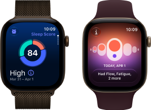 Apple Watch Series 12, aluminum case, dark bronze color, sleep score circle graph, Digital Crown, Milanese Loop band, dark bronze color