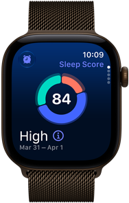 Apple Watch Series 12, aluminum case, dark bronze color, sleep score circle graph, Digital Crown, Milanese Loop band, dark bronze color