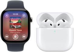 Apple Watch Series 12, aluminum case, black color, black Sport Band, Apple Music app open, paired with AirPods 4