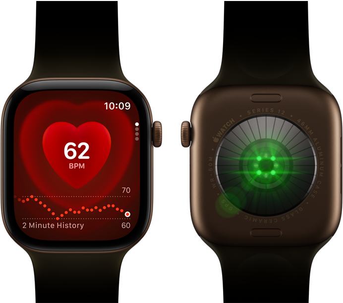 Two Apple Watch Series 12 devices, aluminum case, dark bronze color with olive Sport Band, one showing the Heart Rate app, the other with the Health Sensing System on the back of the watch, with glowing green LED lights