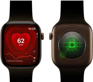 Two Apple Watch Series 12 devices, aluminum case, dark bronze color with olive Sport Band, one showing the Heart Rate app, the other with the Health Sensing System on the back of the watch, with glowing green LED lights