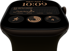 Apple Watch Series 12, aluminum case, dark bronze color, Modular watch face, complications: day and date, Workouts, Activity rings, Apple Music, right side exterior, Digital Crown, Sport Band, olive color