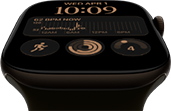 Apple Watch Series 12, aluminum case, dark bronze color, Modular watch face, complications: day and date, Workouts, Activity rings, Apple Music, right side exterior, Digital Crown, Sport Band, olive color