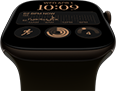 Apple Watch Series 12, aluminum case, dark bronze color, Modular watch face, complications: day and date, Workouts, Activity rings, Apple Music, right side exterior, Digital Crown, Sport Band, olive color