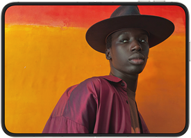 iPhone Duo opened in horizontal position, showing a close-up photograph of a male model wearing a stylish hat and a red shirt.