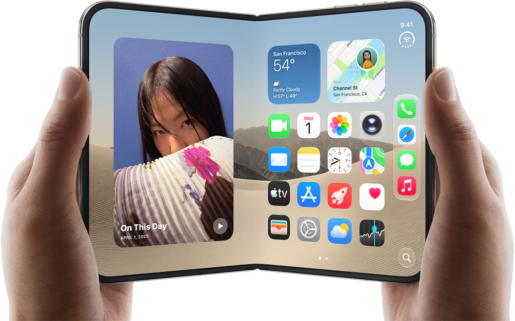iPhone Duo, Star White color, held by two hands in landscape orientation, unfolded, interior screen displays photos on the left, apps on the right