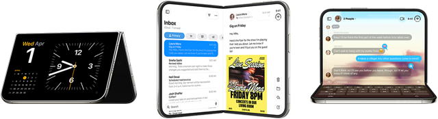 iPhone Duo, various positions: inverted open landscape orientation, unfolded at slight angle, exterior display, all-screen design. Slightly open like a book and standing upright. Open landscape orientation, unfolded at right angle, interior display, all-screen design