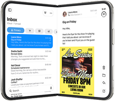iPhone Duo, various positions: inverted open landscape orientation, unfolded at slight angle, exterior display, all-screen design. Slightly open like a book and standing upright. Open landscape orientation, unfolded at right angle, interior display, all-screen design