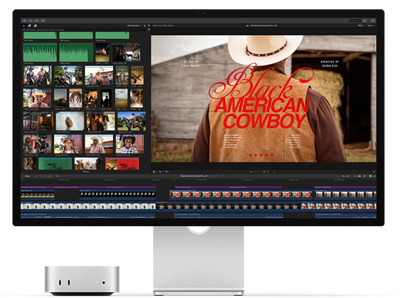 Mac mini paired with Studio Display, screen shows a title screen from a film titled Black American Cowboy on the right, several image stills on the left