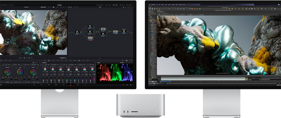 Studio Display monitor and Studio Display XDR monitor, one each on either side of Mac Studio, displaying artist workspace, 3D model software and tools