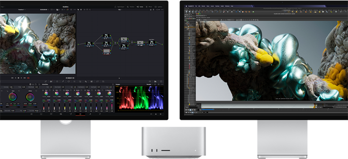Studio Display monitor and Studio Display XDR monitor, one each on either side of Mac Studio, displaying artist workspace, 3D model software and tools
