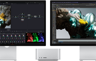 Studio Display monitor and Studio Display XDR monitor, one each on either side of Mac Studio, displaying artist workspace, 3D model software and tools